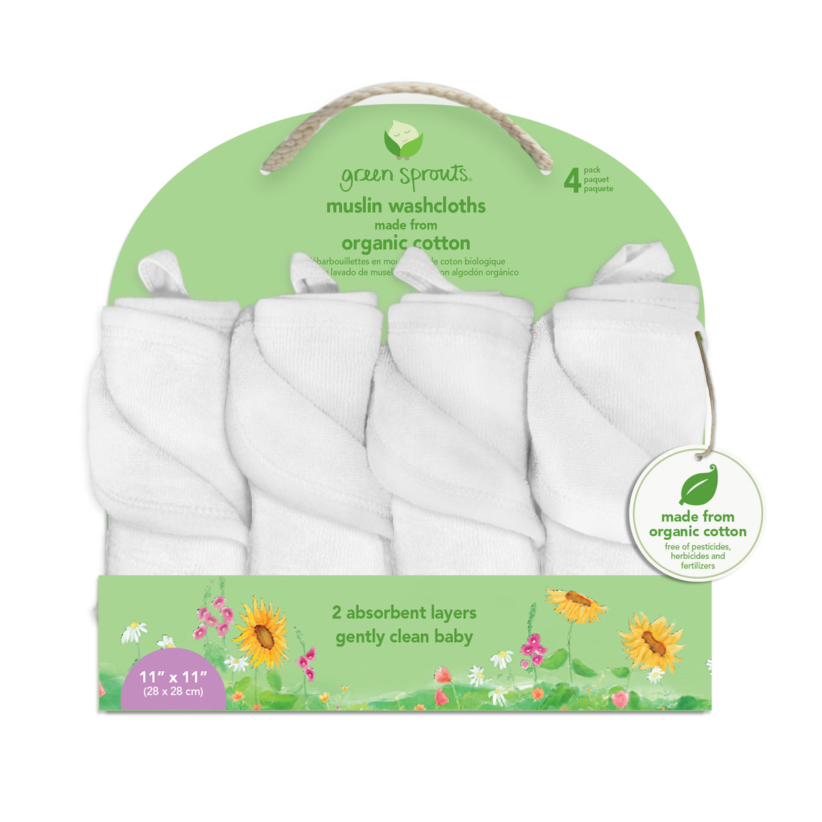 Green Sprouts 3-Pack Organic Muslin Burp Cloths, White