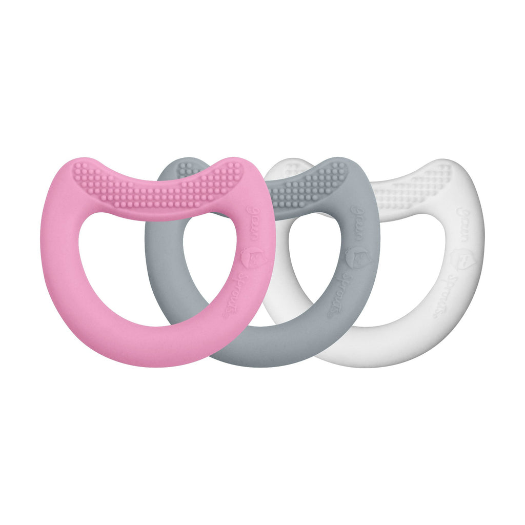 Three First Teethers made from Silicone - Pink, Gray, and White